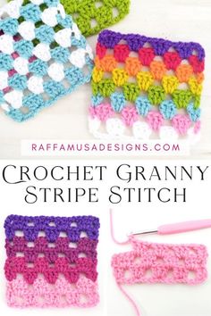 the crochet granny stripe stitch pattern is shown in three different colors and sizes