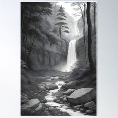 a black and white photo of a waterfall in the woods poster print on wallpaper