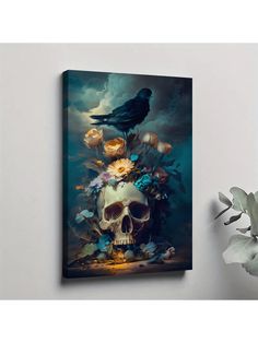 a skull with flowers and a crow on it