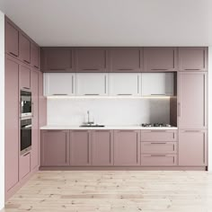 an empty kitchen with pink cabinets and white counter tops is pictured in this rendering image