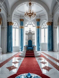 an ornate room with blue and red carpet, chandelier, and white chair