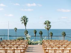 rows of wooden chairs facing the ocean with palm trees on either side and blue sky in the background