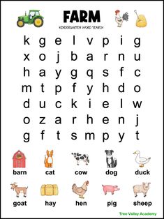 the farm word search is shown in black and white with an image of farm animals