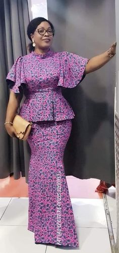 Fitted Purple Sets With Short Sleeves, Pink Fitted Two-piece Skirt Set, Fitted Pink Two-piece Skirt Set, Elegant Pink Short Sleeve Sets, Elegant Floral Print Short Sleeve Sets, African Skirt, African Attire Dresses, Classy Skirts, Traditional African Clothing