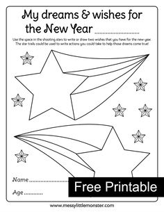 a new year's coloring page with stars and the words, my dreams & wishes for