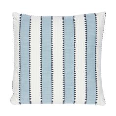 a blue and white striped pillow on a white background with black lines in the middle