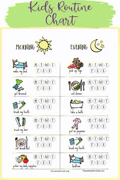 kids routine chart with the words morning and evening