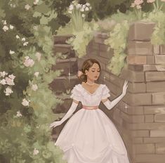 a painting of a woman in a white dress standing next to a brick wall and flowers