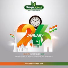 an image of a happy republic day with the number twenty six in front of a clock