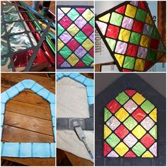 several different stained glass pieces are shown in this collage, including the shape of a hexagonal window