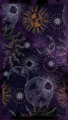 the sun and moon are depicted on this purple background