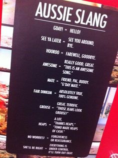 the menu for aussie slang is on display