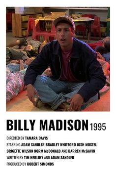 a man sitting on top of a bed in front of a tv screen with the caption billy madison 1965