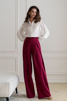 Fabric: crepe Cotton 65%, Polyester 35% High rise Palazzo style pants Pants length: 115 cm/ 45.27 in Pants inseam length: 85 cm/ 33.46 in Crepe Pants Outfit, Red Dress Pants Outfit, Professional Outfits Women Curvy, Palazzo Pants Winter, Burgundy Pants Outfit, Palazzo Outfit, Rhythm Dress, Palazzo Pants Outfit, Palazzo Style