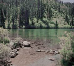 a river surrounded by trees and rocks in the middle of a mountain area with green water