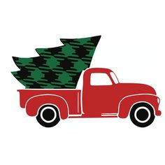 a red truck with a christmas tree on the back is parked in front of a white background