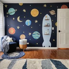 Solar System Wall Decals, Baby Room Decor, Outer Space, Robots Decor, Space Decals, Baby Room Wall Stickers, Rocket Decal, Space Wall Art - Etsy Rocket Ship Room Space Theme, Subtle Space Theme Bedroom, Planets Nursery Theme, Space Wall Painting Bedroom, Rocket Ship Nursery Space Theme, Space Wall Stickers, Daycare Space Theme, Planet Themed Bedroom, Alien Themed Bedroom