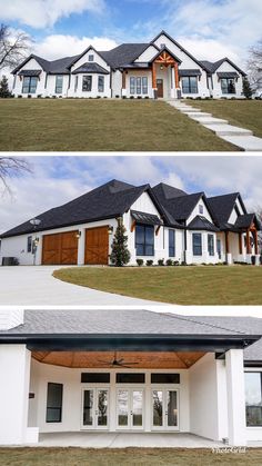 the before and after shots of a house in white with black roof, windows, and shutters