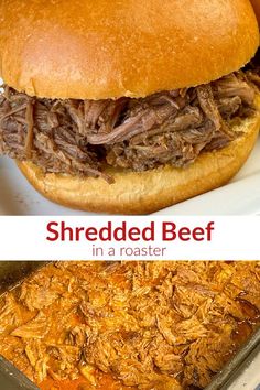 shredded beef in a roaster on a plate next to a casserole dish