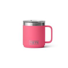 the yeti mug is pink and has a stainless steel lid