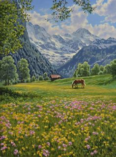 a painting of two horses grazing in a field with mountains in the background and wildflowers