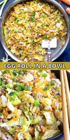 egg roll in a bowl with chopsticks next to it and the same side dish