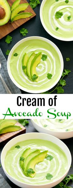 creamy avocado soup in white bowls with sliced avocados