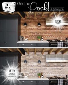 the before and after shots of a kitchen remodeling project in an old brick building