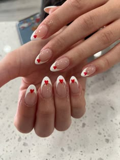 Valentine’s Day Acrylics, French Valentines Day Nails, Valentines Nails White, Valentines Day Nails White, Cute Valentine’s Day Nails, Valentine’s Day Nail, French Tip Nails With Hearts, Valentine’s Day Nails, Valentines Nails Almond Shape