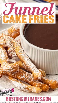 a white plate topped with churros next to a bowl of chocolate cake fries