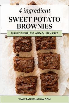 6 sweet potato brownies sitting on crumpled parchment paper. Naturally Sweetened Gluten Free Desserts, 4 Ingredient Sweet Potato Brownies, Healthy Gut Desserts, Organic Gluten Free Desserts, 4 Ingredient Brownies Healthy, Sweet Potato Brownies Healthy Easy, Low Calorie Paleo Dessert, Gluten Free Sweet Potato Brownies, Sweet Potato Brownies Gluten Free