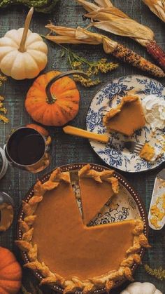 there is a pumpkin pie on the table