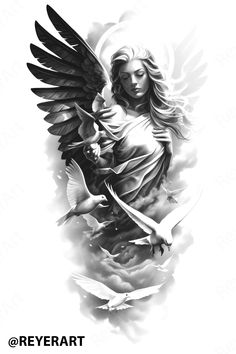 a black and white drawing of an angel with two doves on her arm,