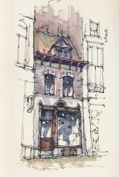 a drawing of an old building with windows