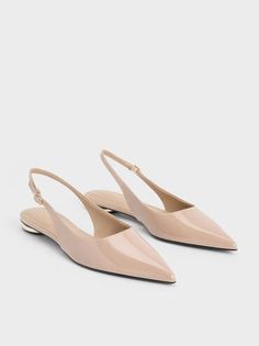 Nude Patent Pointed-Toe Slingback Flats | CHARLES & KEITH Elegant Beige Flat Slingback Pumps, Beige Flat Slingback Pumps For Formal Occasions, Trendy Flat Heel Slingback Pumps For Formal Occasions, Chic Slingback Pointed Toe Flats For Office, Charles And Keith Shoes, Charles And Keith, Nude Flats, Wedding Flats, Pointed Flats