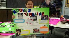 a young boy holding up a sign that says eddiess timeline with pictures on it