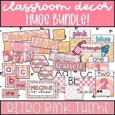 the classroom decor bundle includes pink and orange letters, numbers, and other things to do with