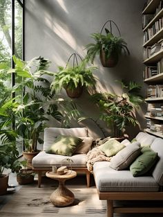 a living room filled with lots of plants next to a bookshelf full of books