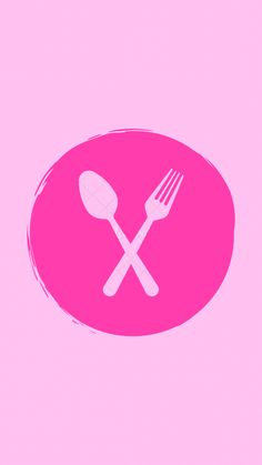 a fork and knife sitting on top of a pink circle with a white outline in the middle