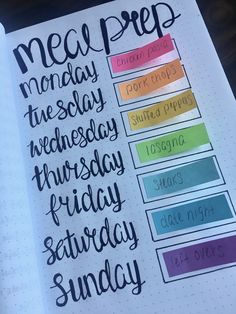 a notebook with some writing on it and the words meal prep written in different colors