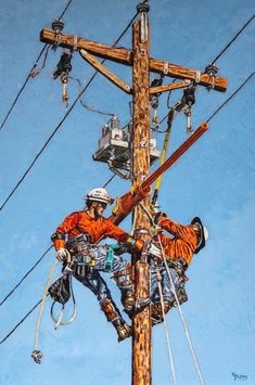 two electricians working on power lines in the sky with blue skies behind them and telephone wires above