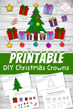 the printable christmas tree is shown with presents on it and other decorations around it