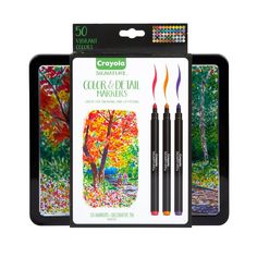 the crayon set includes three markers and two pencils, each with different colors