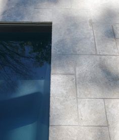 the reflection of a tree in a pool is seen on the glass door and sidewalk