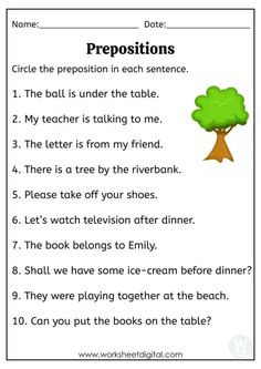 a worksheet for prepositions to help students learn how to read the tree