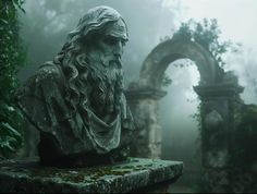 a busturine with long hair and beard sitting on a stone bench in front of an archway