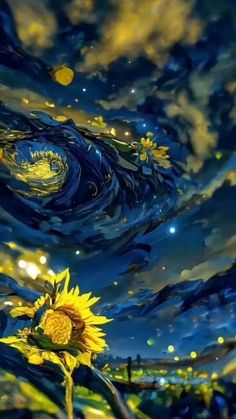 a painting of a sunflower and its reflection in the water with stars above it