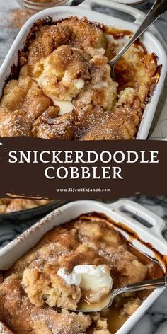 a close up of a casserole dish with ice cream on top and the words, snickkerdoodle cobbler above it