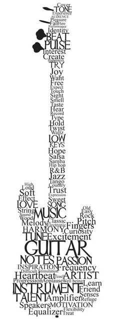 a guitar made out of words in black and white