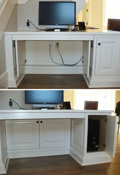 two pictures of a desk with a computer on it